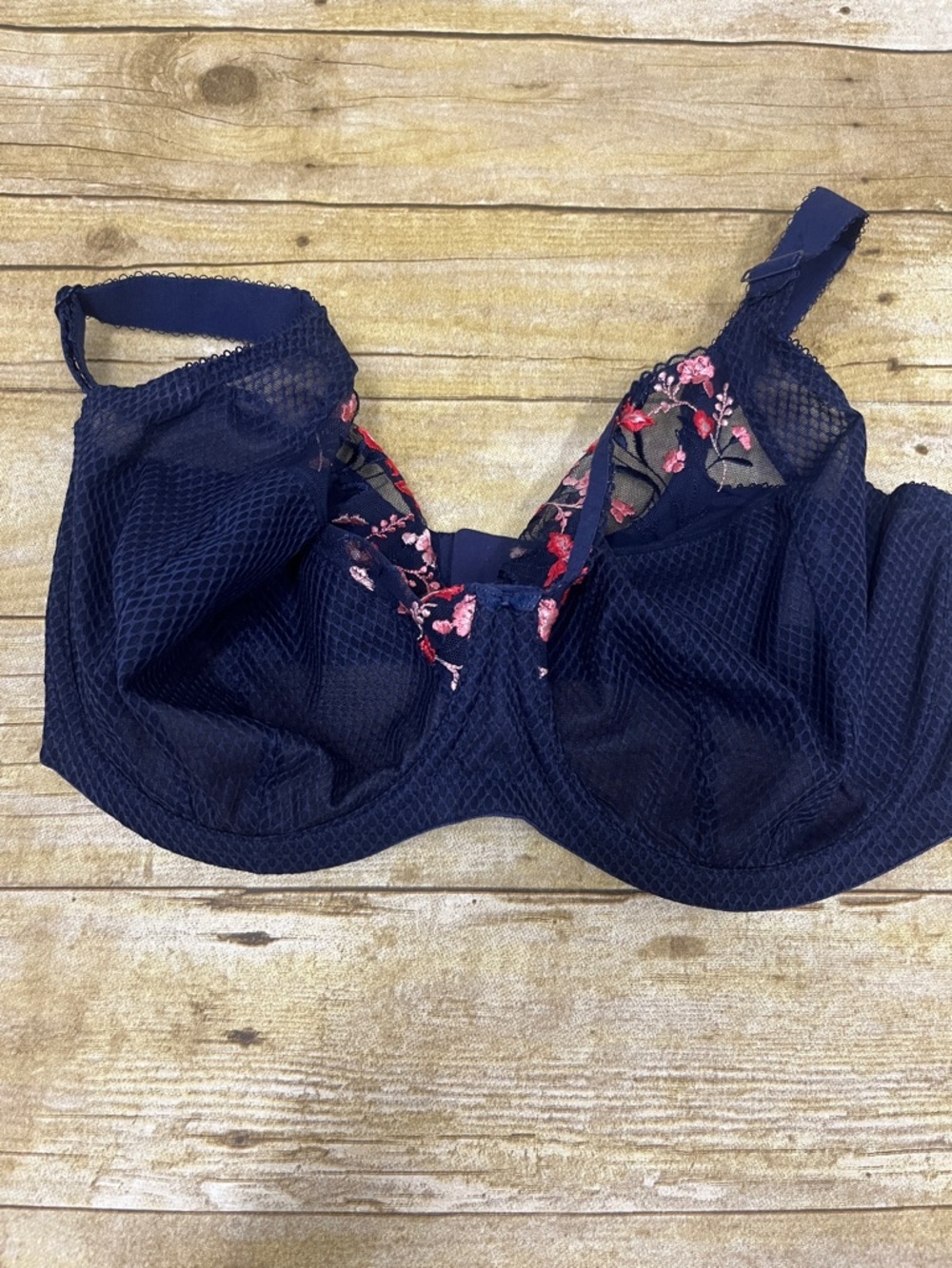 Elomi Navy Bra with Pink Floral Embroidery size 34K